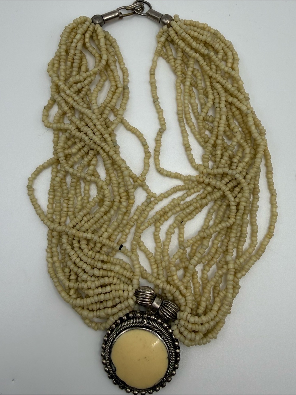 Vintage Multi Strand Cream Bead Statement Necklace Large Pendant 15” Boho
